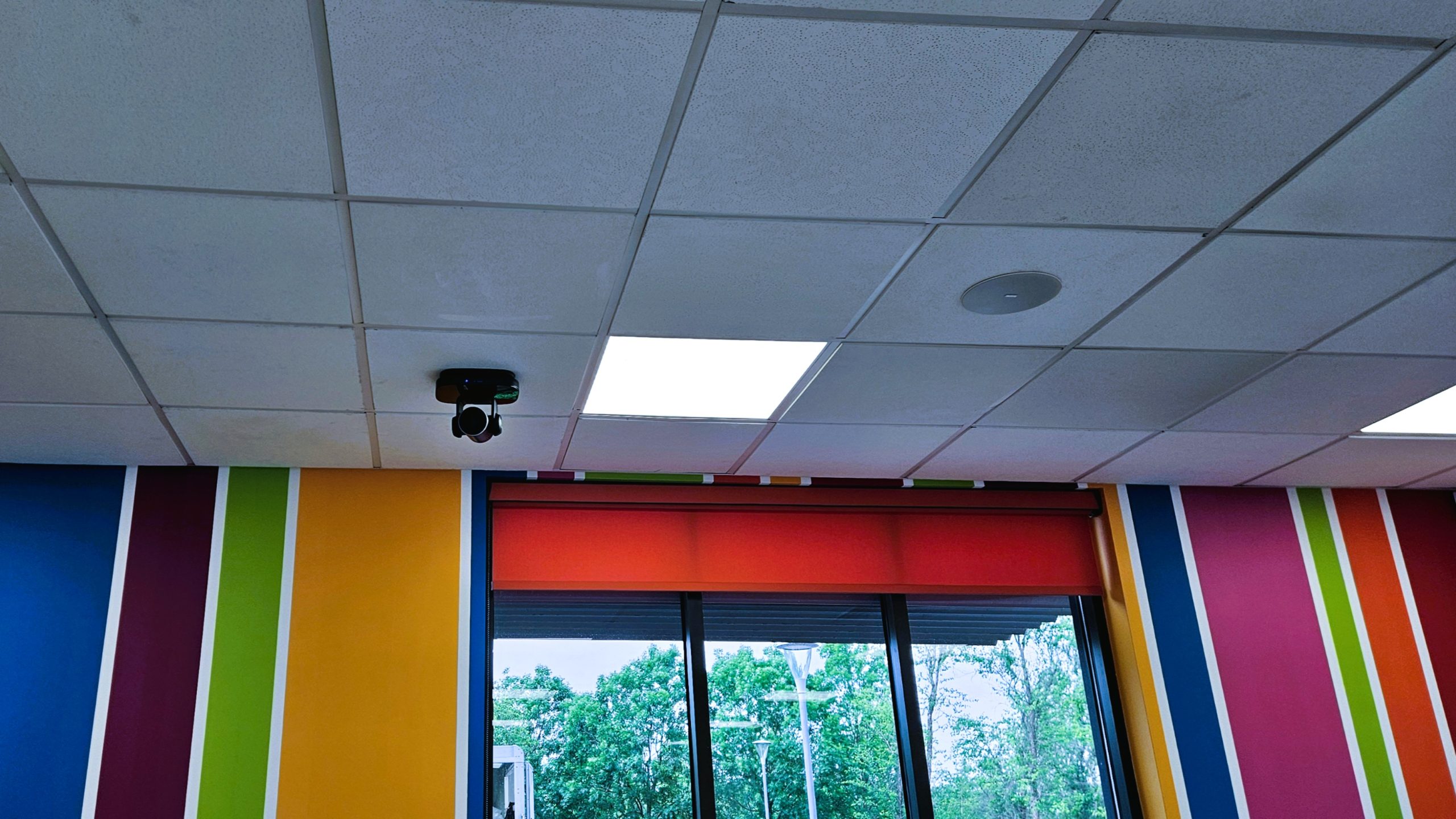 Video camera and ceiling speaker ready for live streaming training sessions at Entrepreneurs Circle